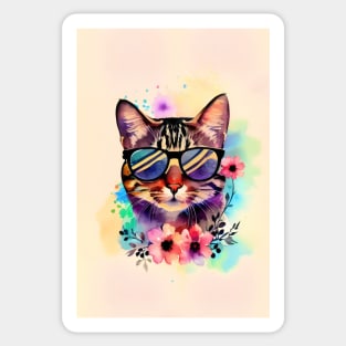 Cool Cat with Sunglasses Watercolor Flowers Kitty Sticker